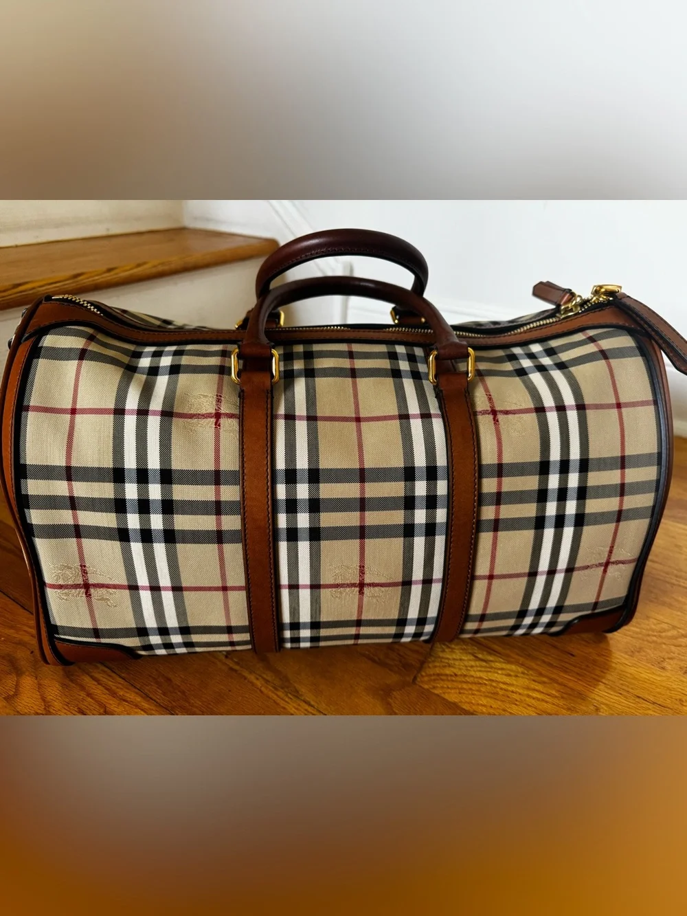 Burberry Beige Vintage Check Large Duffel with Brown Leather Trim